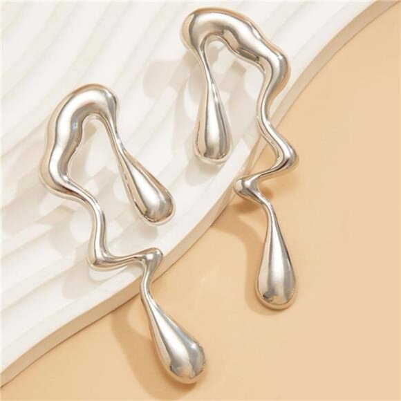 Geometric Teardrop Earrings | Gold & Silver Irregular Statement Dangle Earrings - Picture 5 of 5